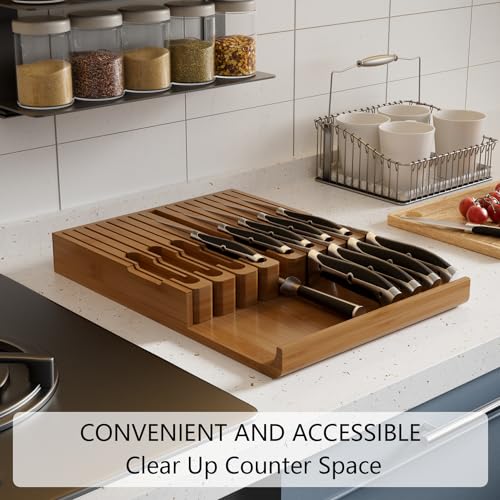 Domax Bamboo In-drawer Knife Block - Knife Drawer Organizer Insert Large Handle Steak Knife Holder, Kitchen Drawer Knife Organizer Fits for 16 knives and 1 Sharpening Steel (Not Included), Walnut - Image 5