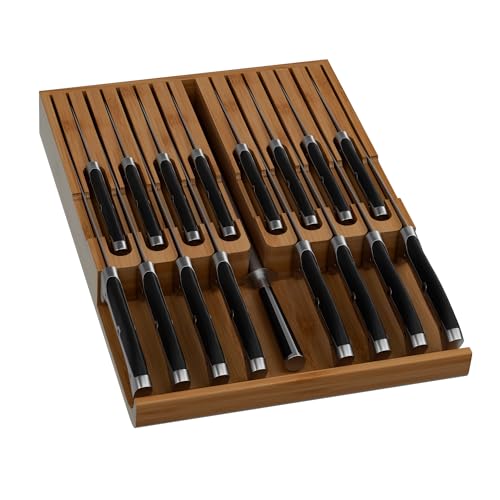 Domax Bamboo In-drawer Knife Block - Knife Drawer Organizer Insert Large Handle Steak Knife Holder, Kitchen Drawer Knife Organizer Fits for 16 knives and 1 Sharpening Steel (Not Included), Walnut - Image 1