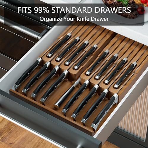 Domax Bamboo In-drawer Knife Block - Knife Drawer Organizer Insert Large Handle Steak Knife Holder, Kitchen Drawer Knife Organizer Fits for 16 knives and 1 Sharpening Steel (Not Included), Walnut - Image 3