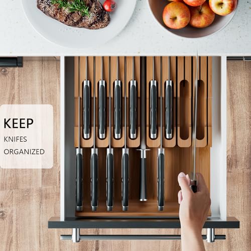 Domax Bamboo In-drawer Knife Block - Knife Drawer Organizer Insert Large Handle Steak Knife Holder, Kitchen Drawer Knife Organizer Fits for 16 knives and 1 Sharpening Steel (Not Included), Walnut - Image 4