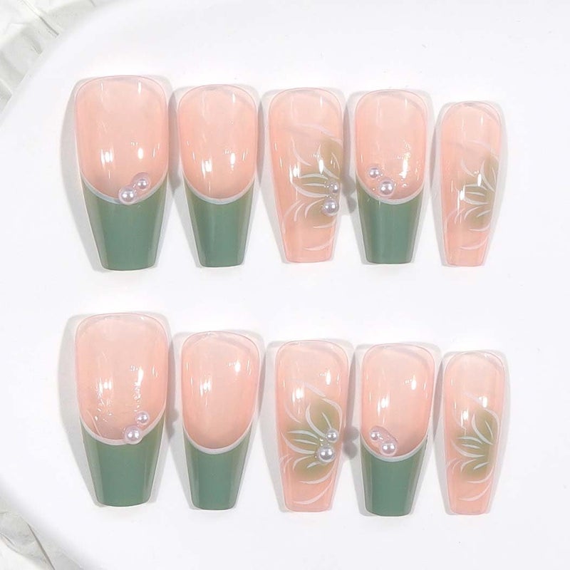 RikView Medium Press on Coffin Fake Nails - French Tips, Green, Glossy Full Cover for Women - 24 PCs/Set - Image 2