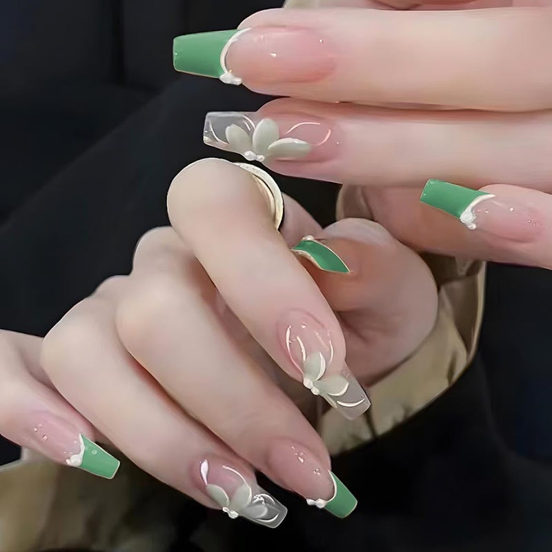 RikView Medium Press on Coffin Fake Nails - French Tips, Green, Glossy Full Cover for Women - 24 PCs/Set - Image 1