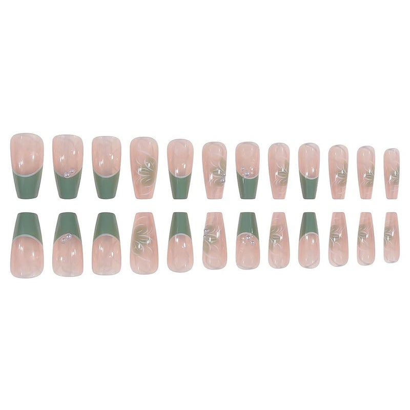 RikView Medium Press on Coffin Fake Nails - French Tips, Green, Glossy Full Cover for Women - 24 PCs/Set - Image 3