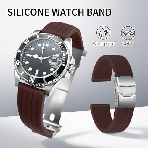 ULLCHRO Silicone Watch Strap Replacement Rubber Watch Band Waterproof Stripe Pattern - 14mm, 16mm, 18mm, 20mm, 22mm, 24mm Watch Bracelet with Stainless Steel Deployment Buckle (24mm, Brown) - Image 2