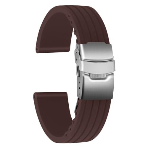 ULLCHRO Silicone Watch Strap Replacement Rubber Watch Band Waterproof Stripe Pattern - 14mm, 16mm, 18mm, 20mm, 22mm, 24mm Watch Bracelet with Stainless Steel Deployment Buckle (24mm, Brown) - Image 1