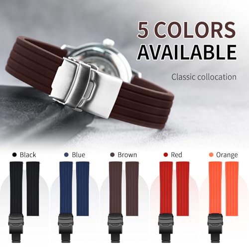 ULLCHRO Silicone Watch Strap Replacement Rubber Watch Band Waterproof Stripe Pattern - 14mm, 16mm, 18mm, 20mm, 22mm, 24mm Watch Bracelet with Stainless Steel Deployment Buckle (24mm, Brown) - Image 3