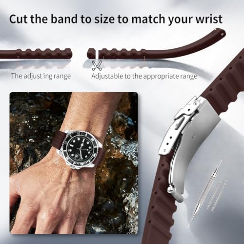 ULLCHRO Silicone Watch Strap Replacement Rubber Watch Band Waterproof Stripe Pattern - 14mm, 16mm, 18mm, 20mm, 22mm, 24mm Watch Bracelet with Stainless Steel Deployment Buckle (24mm, Brown) - Image 5