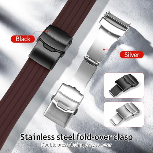 ULLCHRO Silicone Watch Strap Replacement Rubber Watch Band Waterproof Stripe Pattern - 14mm, 16mm, 18mm, 20mm, 22mm, 24mm Watch Bracelet with Stainless Steel Deployment Buckle (24mm, Brown) - Image 4