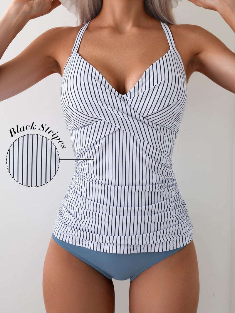 B2prity Women's Ruched Tankini Swimsuits V Neck Wrap Tie Back Two Pieces Swimwear Tummy Control Bathing Suit (Blue Striped) - Image 5