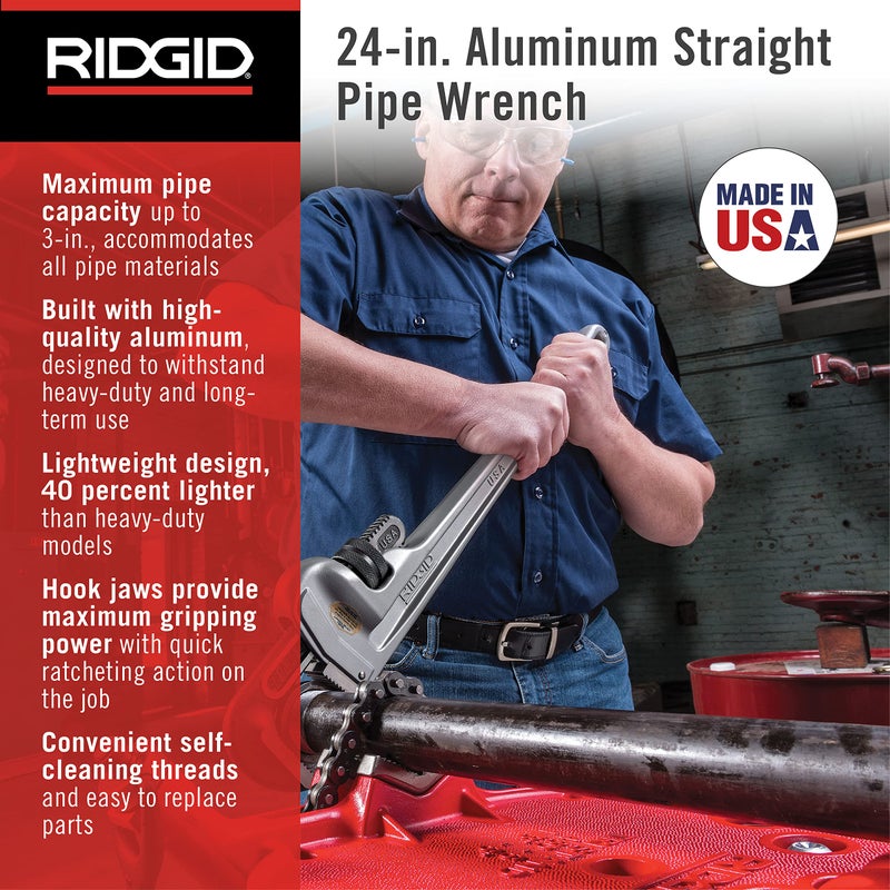 RIDGID 31105 Model 824 Aluminum Straight Pipe Wrench, 24-inch Plumbing Wrench, grey - Image 2