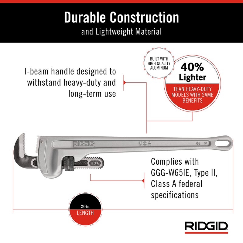 RIDGID 31105 Model 824 Aluminum Straight Pipe Wrench, 24-inch Plumbing Wrench, grey - Image 4