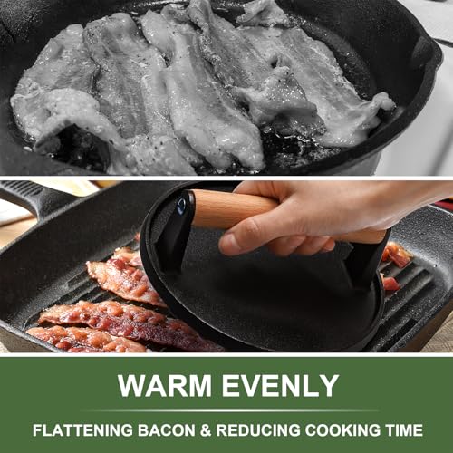 EWFEN Burger Press, 7" Round Heavy-Duty Cast Iron Smash Bacon Press Meat Steak with Wood Handle for Griddle, Sandwich, Nonstick Pan - Image 5