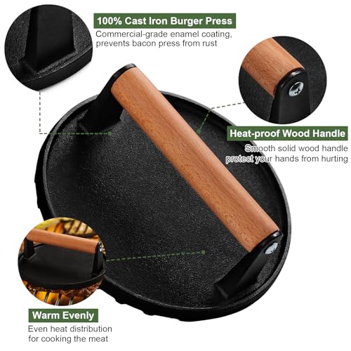 EWFEN Burger Press, 7" Round Heavy-Duty Cast Iron Smash Bacon Press Meat Steak with Wood Handle for Griddle, Sandwich, Nonstick Pan - Image 3