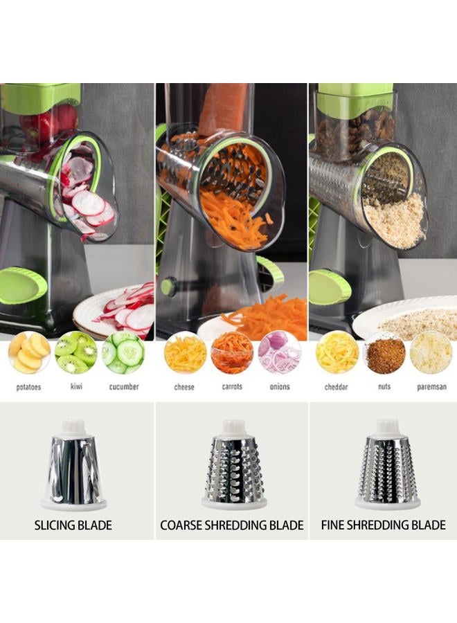 EDEFISY Quick Rotating Cheese Grater, Manual 3-in-1 Vegetable Chopper with Interchangeable Blades and Suction Cup Base (Green) - Image 2