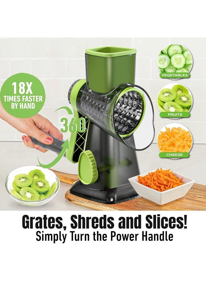 EDEFISY Quick Rotating Cheese Grater, Manual 3-in-1 Vegetable Chopper with Interchangeable Blades and Suction Cup Base (Green) - Image 4