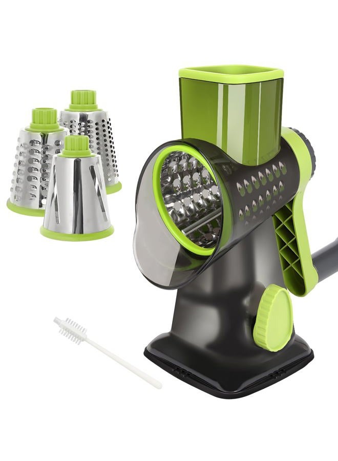 EDEFISY Quick Rotating Cheese Grater, Manual 3-in-1 Vegetable Chopper with Interchangeable Blades and Suction Cup Base (Green) - Image 1