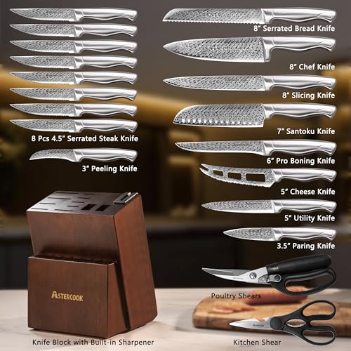 Astercook Knife Set, Astercook 21 Pieces Kitchen Knife Set with Built-in Sharpener, German Stainless Steel Knife Block Set, Razor-Sharp Knives with Full-tang Handle, Dishwasher Safe, Silver - Image 3