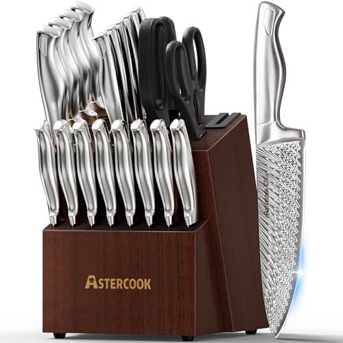 Astercook Knife Set, Astercook 21 Pieces Kitchen Knife Set with Built-in Sharpener, German Stainless Steel Knife Block Set, Razor-Sharp Knives with Full-tang Handle, Dishwasher Safe, Silver - Image 1