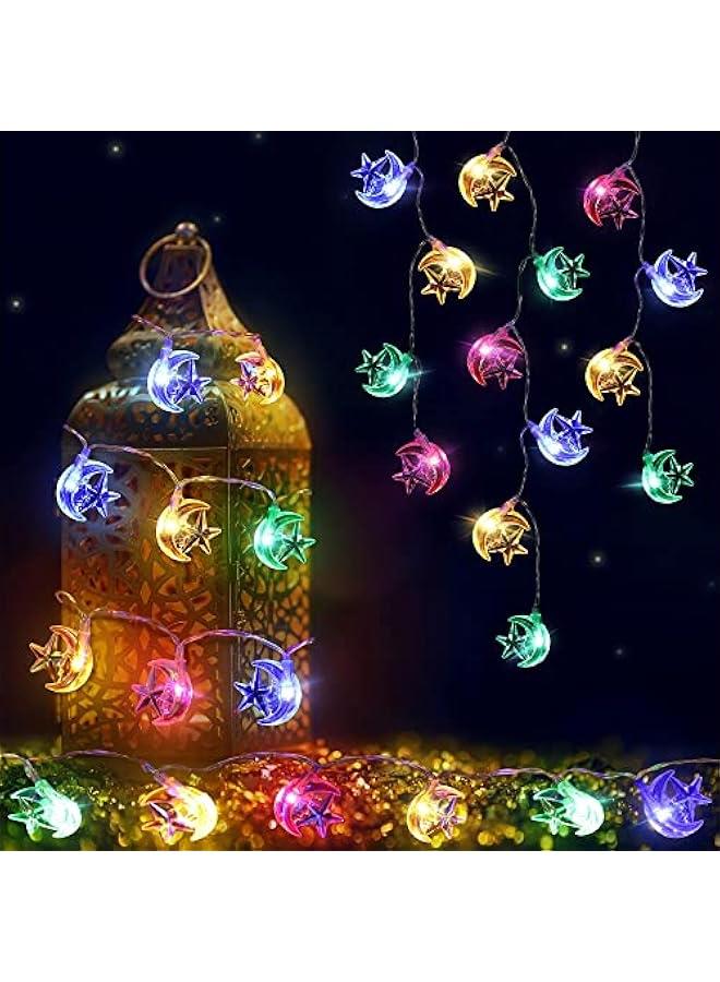 رينكس أضواء سلسلة القمر والجوم لرمضا مع 40 LED مقاوم للماء طول 6 أمتار و 2 وضعيات ضوء، أضواء إيد مارك للأعياد الإسلامية مع حل ، أضواء قمرية للديكور متعددة الألوا، ماسة لحفلات موضوعية للمسلمي ك - Image 1