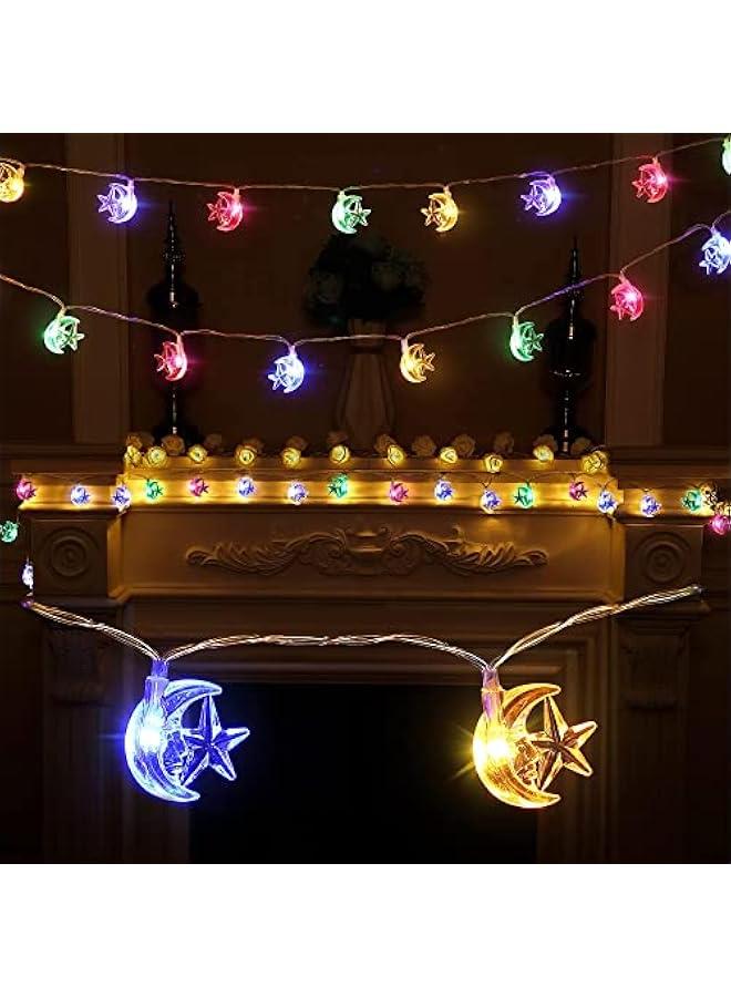 رينكس أضواء سلسلة القمر والجوم لرمضا مع 40 LED مقاوم للماء طول 6 أمتار و 2 وضعيات ضوء، أضواء إيد مارك للأعياد الإسلامية مع حل ، أضواء قمرية للديكور متعددة الألوا، ماسة لحفلات موضوعية للمسلمي ك - Image 3