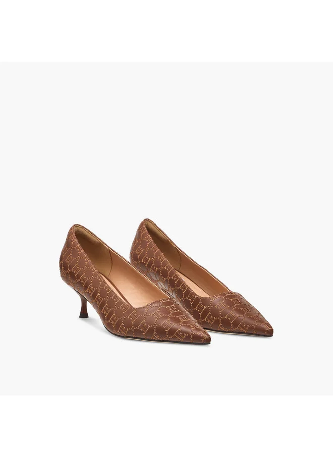 ELLE Women's Monogram Embroidered Slip-On Shoes with Kitten Heels
