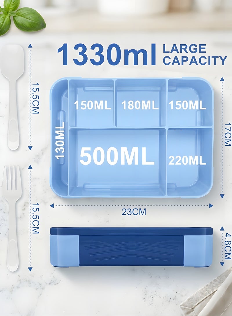 بيوينتي صندوق غداء للاطفال في المدرسة مع مقصورات بينتو مانع للتسرب للبنات والاولاد وجبات خفيفة مثالي للمدرسة والحضانة والرحلات ازرق ملكي البولي بروبلين - Image 2