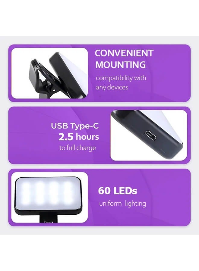 Furtey Clip-On Photography Light for Phone and Laptop, Video Light, Portable LED Camera Fill Light Panel, Pocket LED Phone Light, Dimmable with Three Lighting Effects, Rechargeable LED Light - Image 3