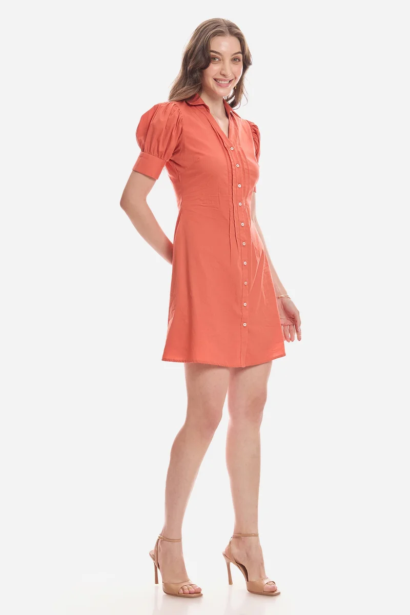 Virgio Solid Cotton Puff Sleeve Mini Dress for Women