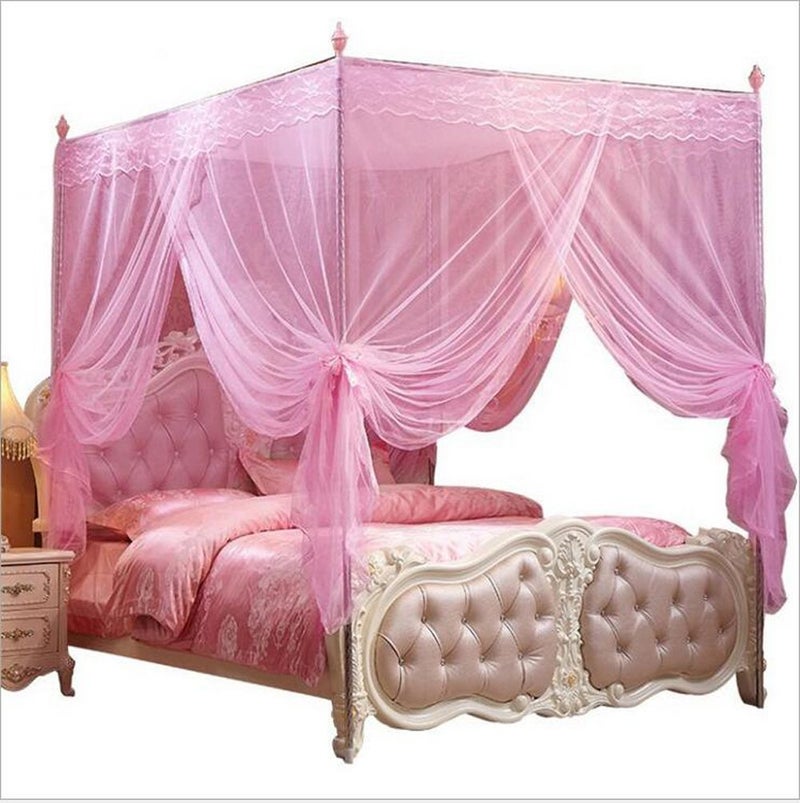 Nattey 4 Corners Post Pink Canopy Bed Curtain Full Bed for Girls & Adults - 4 Opening Mosquito Net - Princess Bedroom Decoration - Image 1