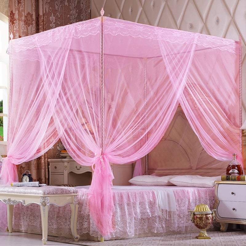 Nattey 4 Corners Post Pink Canopy Bed Curtain Full Bed for Girls & Adults - 4 Opening Mosquito Net - Princess Bedroom Decoration - Image 2