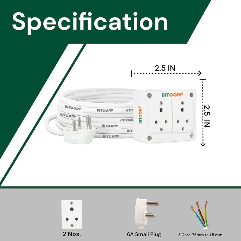 BITCORP Bitcorp Extension Cord 6A for Small Appliances 2 Way Multi Pin Outlet Plug 1500W Spike Guard Power Strip with 8 Meter Long Cable Cord White  - Image 3