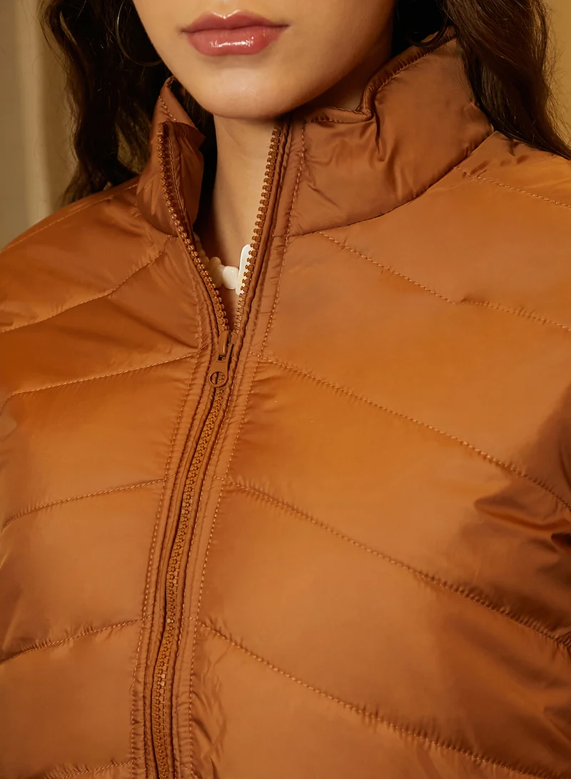 Campus Sutra Women's Sienna Brown Chevron Quilted Jacket