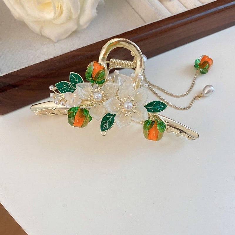 Calyrex New Exquisite Persimmon Pearl Flower Tassel Hairpin Elegant Back Of Head Pan Hair Shark Clip - Image 1
