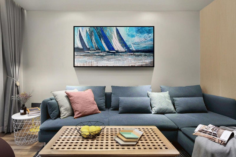 Arjun Blue Abstract Wall Art Canvas Teal Ocean Sailboat Picture Modern Turquoise Coastal Painting Artwork for Living Room Bedroom Bathroom Home Office Wall Decor, Black Wood Framed Large 40"x20" - Image 3