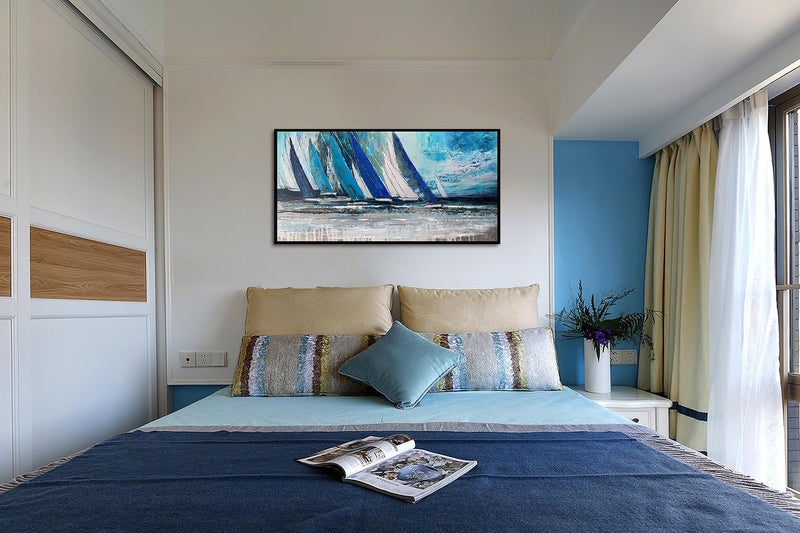 Arjun Blue Abstract Wall Art Canvas Teal Ocean Sailboat Picture Modern Turquoise Coastal Painting Artwork for Living Room Bedroom Bathroom Home Office Wall Decor, Black Wood Framed Large 40"x20" - Image 4