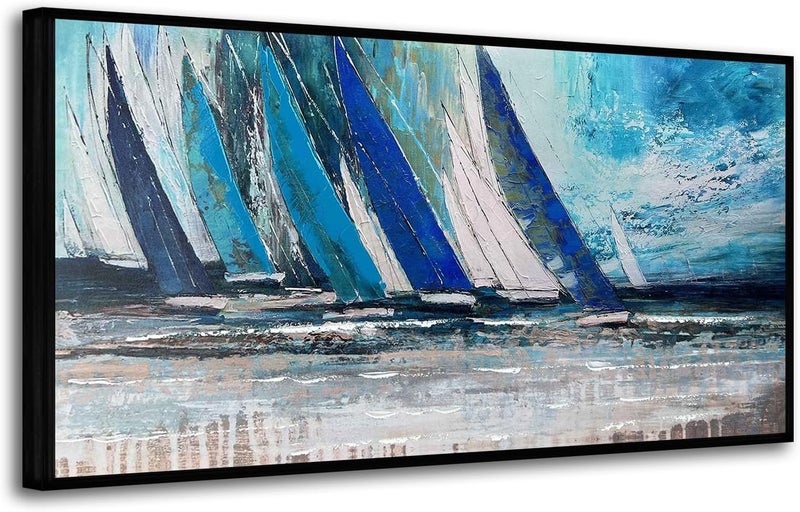 Arjun Blue Abstract Wall Art Canvas Teal Ocean Sailboat Picture Modern Turquoise Coastal Painting Artwork for Living Room Bedroom Bathroom Home Office Wall Decor, Black Wood Framed Large 40"x20" - Image 2