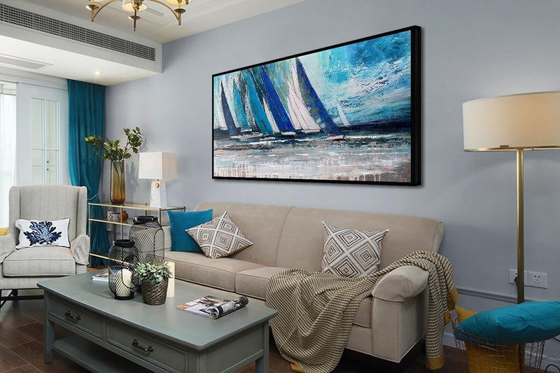 Arjun Blue Abstract Wall Art Canvas Teal Ocean Sailboat Picture Modern Turquoise Coastal Painting Artwork for Living Room Bedroom Bathroom Home Office Wall Decor, Black Wood Framed Large 40"x20" - Image 5