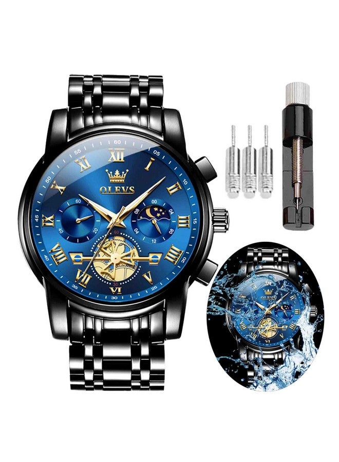 OLEVS Men's Watch Time Code Stainless Steel Strap Glow Waterproof Multi Functional Sub dial Watch Business Dress Quartz Round Watch (IN-2859- Black Steel Blue Surface) - Image 1