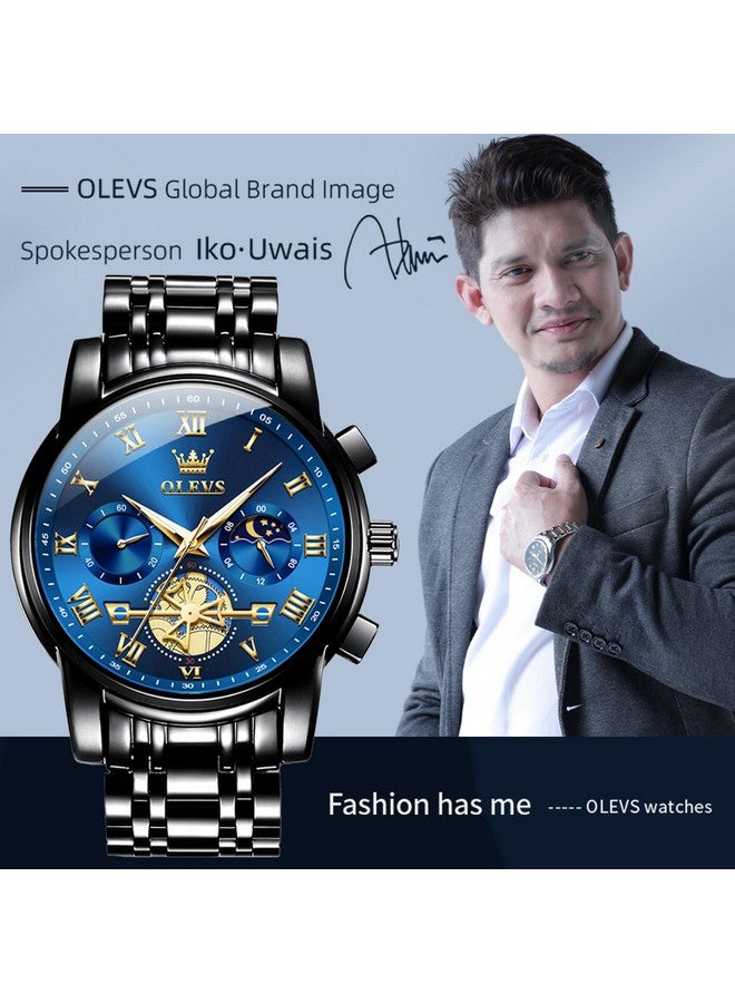 OLEVS Men's Watch Time Code Stainless Steel Strap Glow Waterproof Multi Functional Sub dial Watch Business Dress Quartz Round Watch (IN-2859- Black Steel Blue Surface) - Image 2