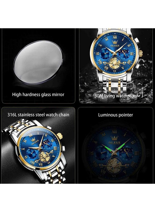 OLEVS Men's Watch Time Code Stainless Steel Strap Glow Waterproof Multi Functional Sub dial Watch Business Dress Quartz Round Watch (IN-2859- Black Steel Blue Surface) - Image 5