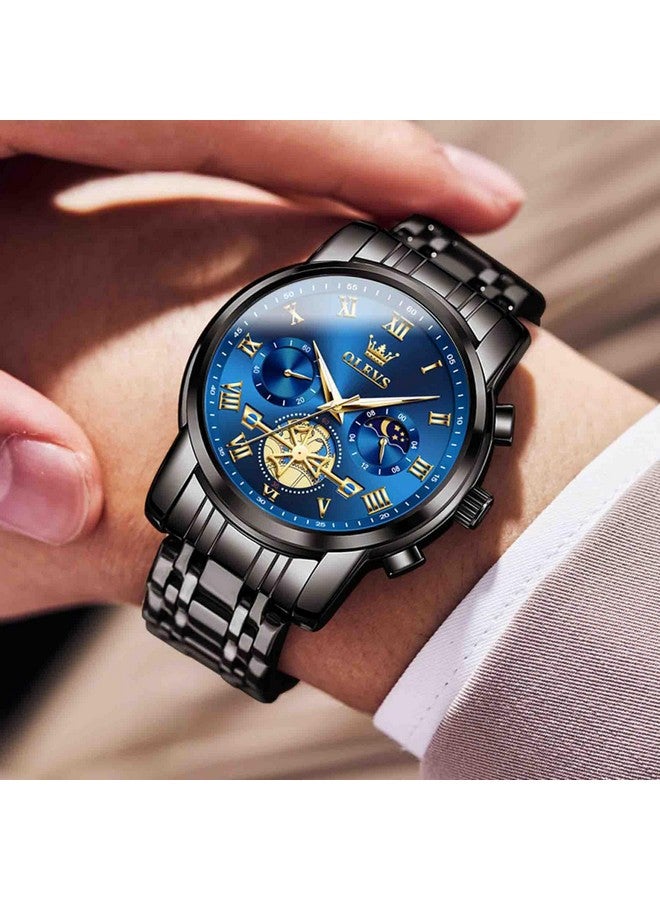 OLEVS Men's Watch Time Code Stainless Steel Strap Glow Waterproof Multi Functional Sub dial Watch Business Dress Quartz Round Watch (IN-2859- Black Steel Blue Surface) - Image 3