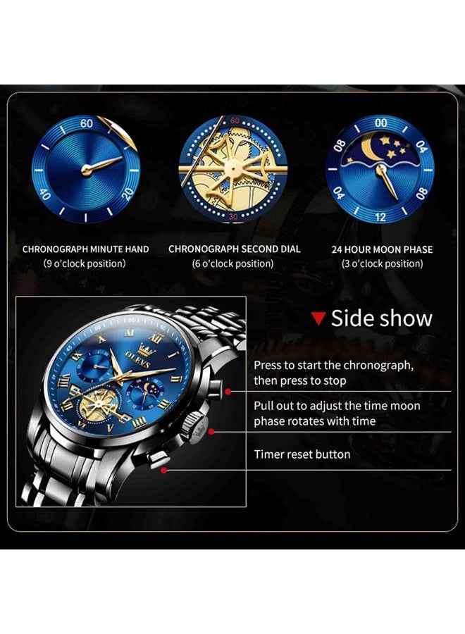 OLEVS Men's Watch Time Code Stainless Steel Strap Glow Waterproof Multi Functional Sub dial Watch Business Dress Quartz Round Watch (IN-2859- Black Steel Blue Surface) - Image 4