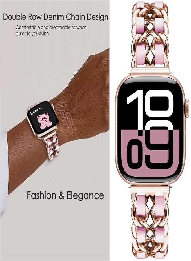 DEALELE Bands Compatible with Apple Watch 42mm 41mm 40mm 38mm, Steel Metal with Leather Chain Replacement Strap for iWatch Series 10/9 / 8/7 / 6/5 / 4/3 / SE/Ultra Women Men, Rose gold-pink - Image 2
