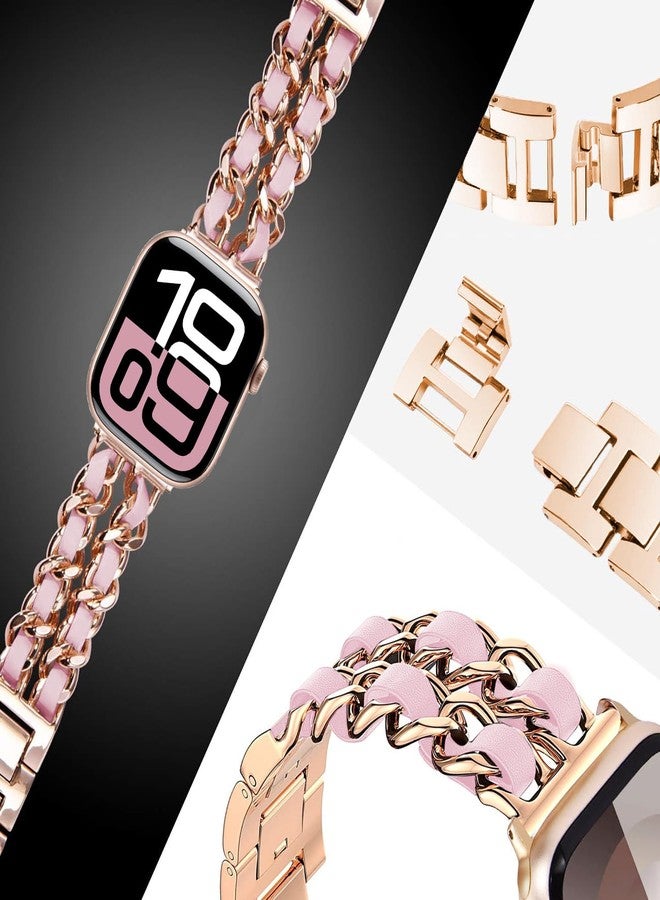 DEALELE Bands Compatible with Apple Watch 42mm 41mm 40mm 38mm, Steel Metal with Leather Chain Replacement Strap for iWatch Series 10/9 / 8/7 / 6/5 / 4/3 / SE/Ultra Women Men, Rose gold-pink - Image 3