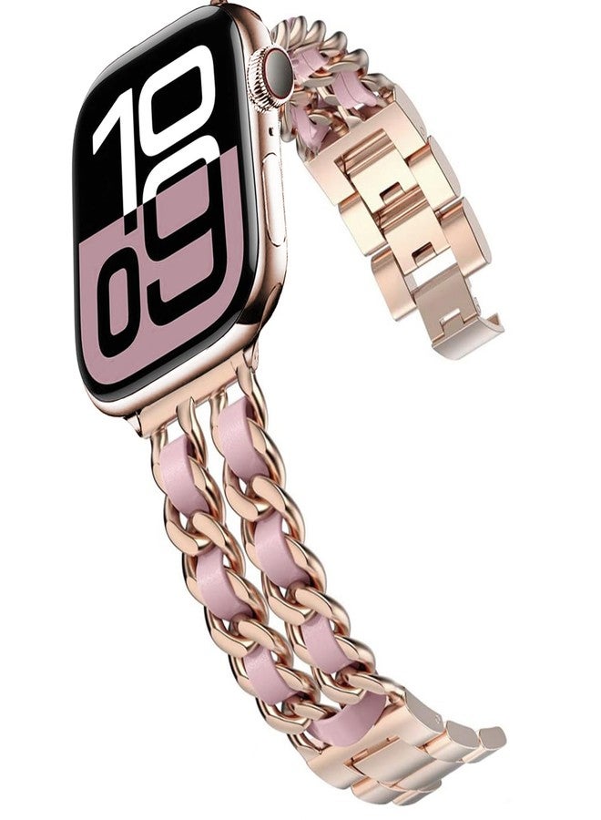 DEALELE Bands Compatible with Apple Watch 42mm 41mm 40mm 38mm, Steel Metal with Leather Chain Replacement Strap for iWatch Series 10/9 / 8/7 / 6/5 / 4/3 / SE/Ultra Women Men, Rose gold-pink - Image 1