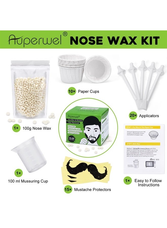 Auperwel Nose Wax Kit, 100g Nose Wax, 20 Applicators, Nostril Waxing Kit for Men and Women Painless Hair Removal with 15 Mustache Guards, and 10 Paper Cups, Nose Ear Wax Kit with 15-20 Uses - White 