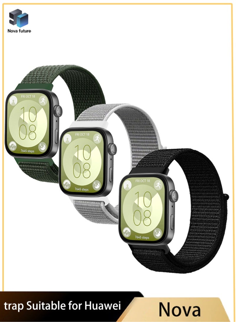 Nova future 3 Pcs Suitable for Huawei Watch Fit 3/Fit 4/Fit 4 Pro Velcro Nylon Loop Strap, Nylon Watchband Replacement Bracelet for Huawei Watch Fit 3/Fit 4/Fit 4 Pro(Black, Green, Silver) - Image 1