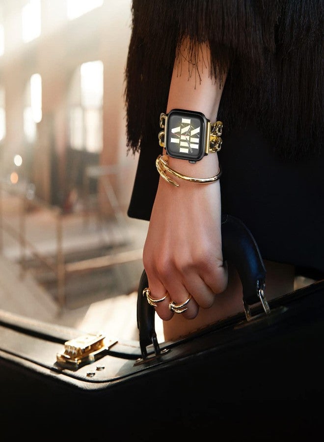 NewWays for Apple Watch Band Series 10 42mm 41mm 40mm 38mm Series9 8 7 SE 6 5 4 3, Jewelry Bracelet for iWatch Band for Women, Gold Link with Black Leather - Image 2