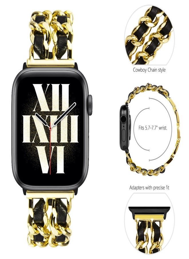 NewWays for Apple Watch Band Series 10 42mm 41mm 40mm 38mm Series9 8 7 SE 6 5 4 3, Jewelry Bracelet for iWatch Band for Women, Gold Link with Black Leather - Image 5