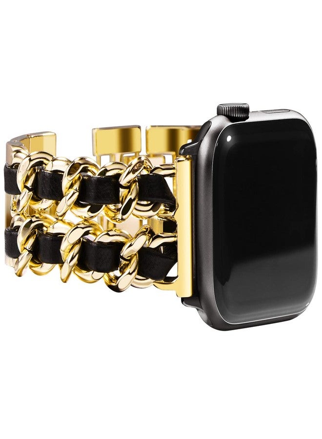 NewWays for Apple Watch Band Series 10 42mm 41mm 40mm 38mm Series9 8 7 SE 6 5 4 3, Jewelry Bracelet for iWatch Band for Women, Gold Link with Black Leather - Image 1